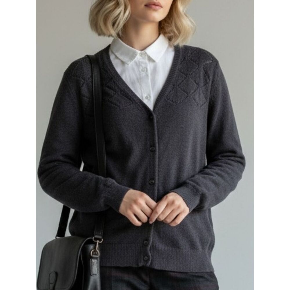 LOFT Charcoal Openwork Yoke Cardigan Sweater